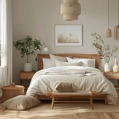 a bed with white sheets and pillows in a bedroom next to a plant on the wall