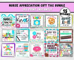 the nurse appreciation gift tag bundle is shown in pink, blue and white with lots of different