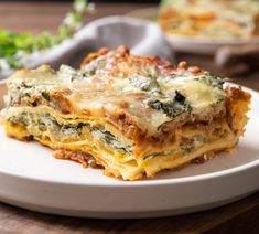 a white plate topped with lasagna covered in cheese and spinach toppings