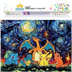 an image of pokemons in the night sky with stars and clouds behind them,