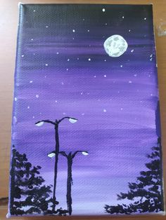 an acrylic painting of two trees and a full moon in the night sky