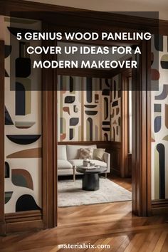 Modern living room with abstract wood paneling and large doorway. Paint Over Wood Paneling, Cover Wood Paneling, Wood Paneling Makeover, Paneling Makeover, Cover Up Ideas, House Makeover, Wood Accent Wall, Diy Ceiling