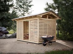 a wooden shed with a wheelbarrow in front of it and some logs on the ground