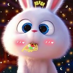 a white rabbit with blue eyes and pink ears standing in front of the night sky