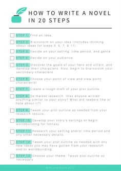 how to write a novel in 20 steps with the text overlay that says, how to write a novel in 20 steps