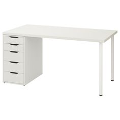 a white desk with four drawers on the bottom and one drawer at the top that is open