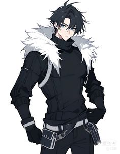 an anime character with black hair and white fur on his shoulders, standing in front of a