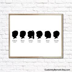 the silhouettes of people's heads are shown in black against a white brick wall