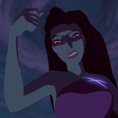 an animated woman with long hair and red eyes is posing for the camera while holding her fist up