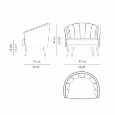 the measurements for a chair and ottoman with an open back, armrests and foot rest