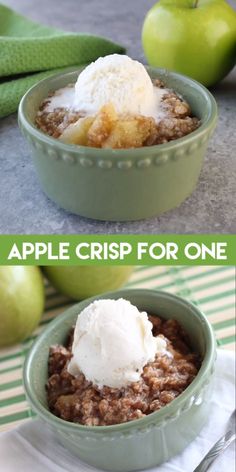 an apple crisp for one in a green bowl