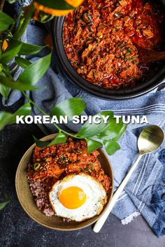 korean spicy tuna with fried egg in a bowl