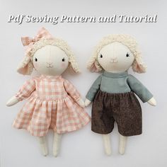 two dolls sitting next to each other with the words sewing pattern and tutor above them