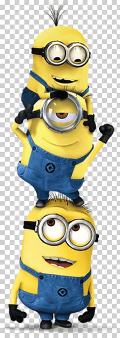 three cartoon minion characters standing on top of each other with their arms in the air