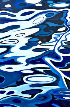 an abstract painting of blue water with white clouds and black spots on the bottom half