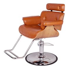 a brown leather chair sitting on top of a metal base