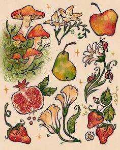 an artistic drawing of fruit and flowers