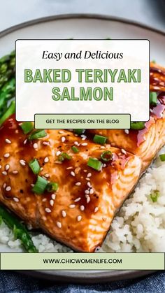 baked teriyaki salmon with white rice and asparagus on a plate text overlay reads easy and delicious baked teriyaki salmon salmon