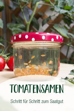 a jar filled with food sitting on top of a table next to tomatoes and other vegetables