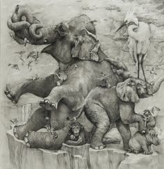 an elephant and other animals are depicted in this black and white drawing