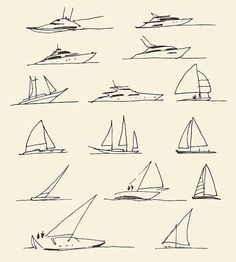 various types of boats drawn in ink on a white background royalty illustration, line drawing, boat