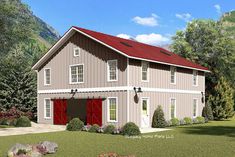 this is an artist's rendering of a two - story barn style house with red shutters