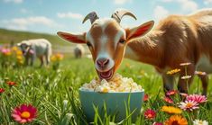 a goat is eating out of a bowl in the middle of some flowers and grass