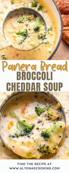 broccoli cheddar soup in a pan with text overlay that reads, panera bread broccoli cheddar soup