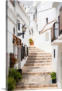 an alleyway with white walls and steps leading to potted plants