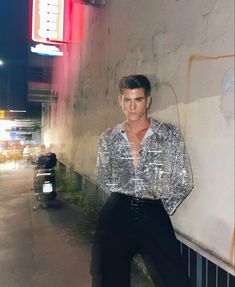 Guy Disco Outfit, Mens Sparkly Outfit, Men’s Glitter Outfit, Space Disco Outfit Men, Disco Ball Outfit Men, New Years Outfit Men Parties, Silver Disco Outfit Men, Extravagant Party Outfit, Glam And Glits Outfit Men