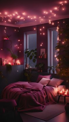 a bedroom with pink walls and lights on the ceiling, bedding is covered in purple sheets