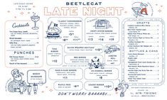 a menu for a late night party with cartoon characters and food items on the side