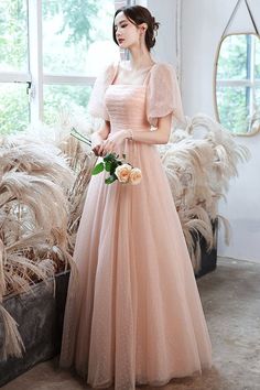 Pink Ball Dresses, Romantic Prom Dress, Pink Evening Gown, Pink And Gold Dress, Prom Dress Pink, Pink Evening Gowns, A Line Prom Dress, Prom Dresses Elegant, Gold Prom Dresses