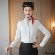 Olivia Mark - Hotel Work Uniform - Premium White Cotton Dress Shirt with Airline and High-Speed Rail Inspired Collar Design Hotel Uniform Design, Terry Cloth Dress, Speed Rail, Hotel Uniform, Midi Skirt With Pockets, Work Uniform, White Cotton Dress, Work Uniforms, Half Skirt