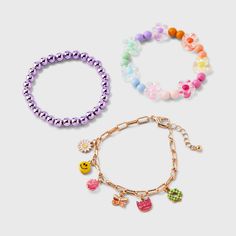 Give her outfits a fun flair with the Girls' 3pk Charm Bracelet Set - Cat & Jack™. This set includes classic chain and beaded designs. They're equipped with a lobster claw clasp or an elastic band for secure and comfortable wear. Whether worn individually or layered, the girls' 3pk charm bracelet set - Cat & Jack™ provides a variety of styles to choose from. Cat & Jack™: Kids’ clothing with an imagination of its own. Beaded Designs, Her Outfits, Fitness Bracelet, Cute Bracelets, Bead Designs, Daughter Love, Girls Shopping, Kids Clothing, Lobster Claw