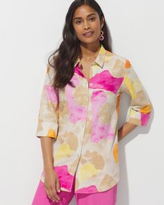 Abstract Confetti Stretch Linen-Blend Boyfriend Shirt - Chico's Off The Rack - Chico's Outlet Multicolor Linen Tops For Spring, Multicolor Long Sleeve Linen Tops, Linen Shirt For Beach Days In Spring, Linen Spring Shirt, Linen Shirt For Spring Day Out, Spring Linen Shirt, Linen Shirts Women, Linen Shirts, Stay Fresh