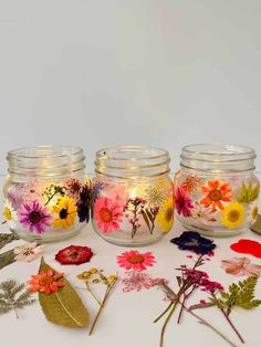 three glass jars with flowers painted on them sitting next to some leaves and other things