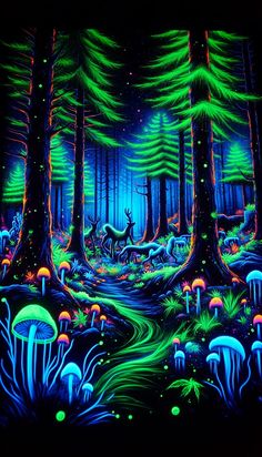 an image of a forest scene with deer and mushrooms in the woods at night time