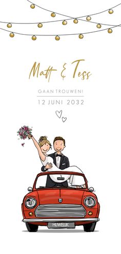 a wedding card with a bride and groom in a red car