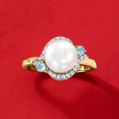 Ross-Simons - 8.5-9mm Cultured Pearl, 2.30ct t. w. White Zircon, .10ct t. w. Swiss Blue Topaz Ring Over Sterling. Size 8. Make any outfit instantly elegant with this lovely ring, featuring an 8.5-9mm cultured freshwater pearl amid 2.30 ct. t. w. round white zircon curves and heavenly .10 ct. t. w. Swiss blue topaz rounds. Crafted in polished 18kt yellow gold over sterling silver. 3/8" wide. Swiss blue topaz, white zircon and white pearl ring. Pearl birthstones are the perfect gift for June birthdays. White Pearl Ring, Swiss Blue Topaz Ring, Pearl Birthstone, Ring Pearl, Lovely Ring, Swiss Blue Topaz, Blue Topaz Ring, Topaz Ring, Pearl Ring