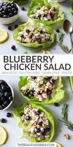 blueberry chicken salad in lettuce cups with lemon wedges on the side