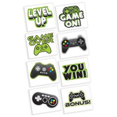 six stickers with video games on them, one is green and the other is black