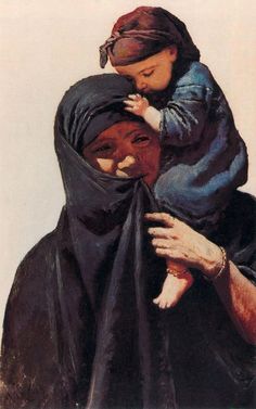 a painting of a woman holding a child in her arms and covering it's face