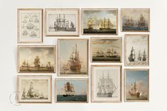 a bunch of pictures hanging on the wall with ships and boats painted in different colors