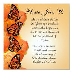 an orange and black wedding card with three monarch butterflies on it's back side