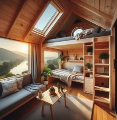 a bedroom with a loft bed next to a window and a couch in front of it