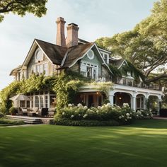 a large house with lots of greenery on the front and side of it's roof