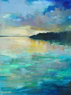 an abstract painting with blue, green and yellow colors on the water's surface