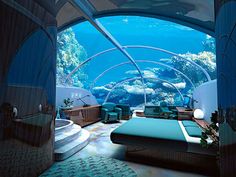 an underwater bedroom is shown in this image