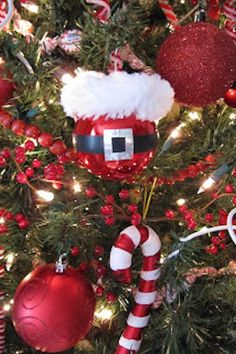 a christmas tree decorated with ornaments and candy canes